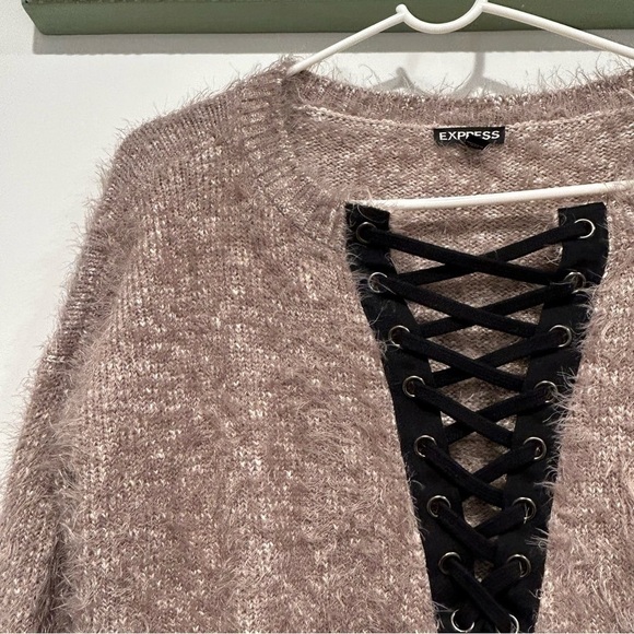 Express fuzzy grey black velvet lace front pullover sweater women’s small - Picture 2 of 9